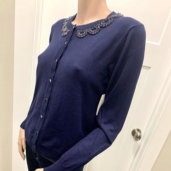 New Ladies Beaded Crewneck Cardigan In Navy - Picture 5 of 14